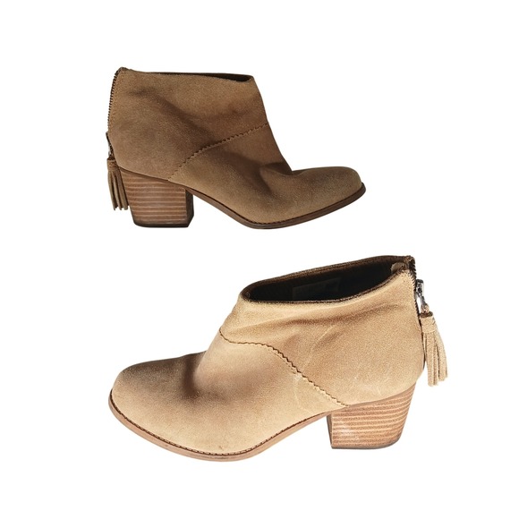 Toms Shoes - TOMS Suede Ankle Booties Size 7 Tan Tassel Back Zip Stacked Block Heel Boho